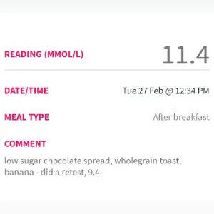 Blood sugar reading after eating low sugar chocolate spread โ 9.4mmol